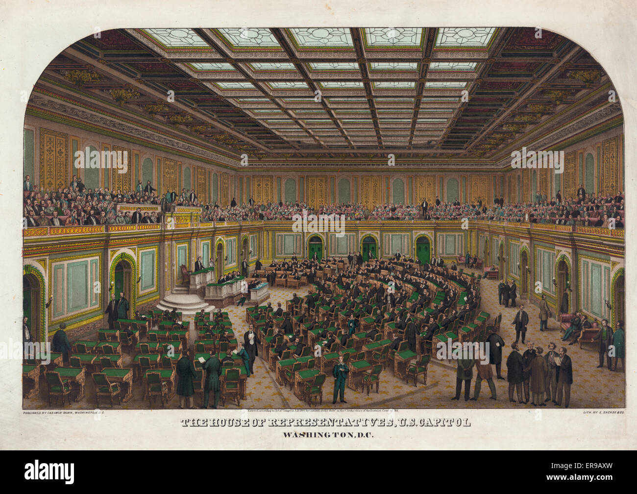 The House of Representatives, U.S. Capitol, Washington, D.C. Interior view of the House of Representatives wing of the U.S. Capitol showing Congress in session and spectators in the gallery. Date 1866. Stock Photo