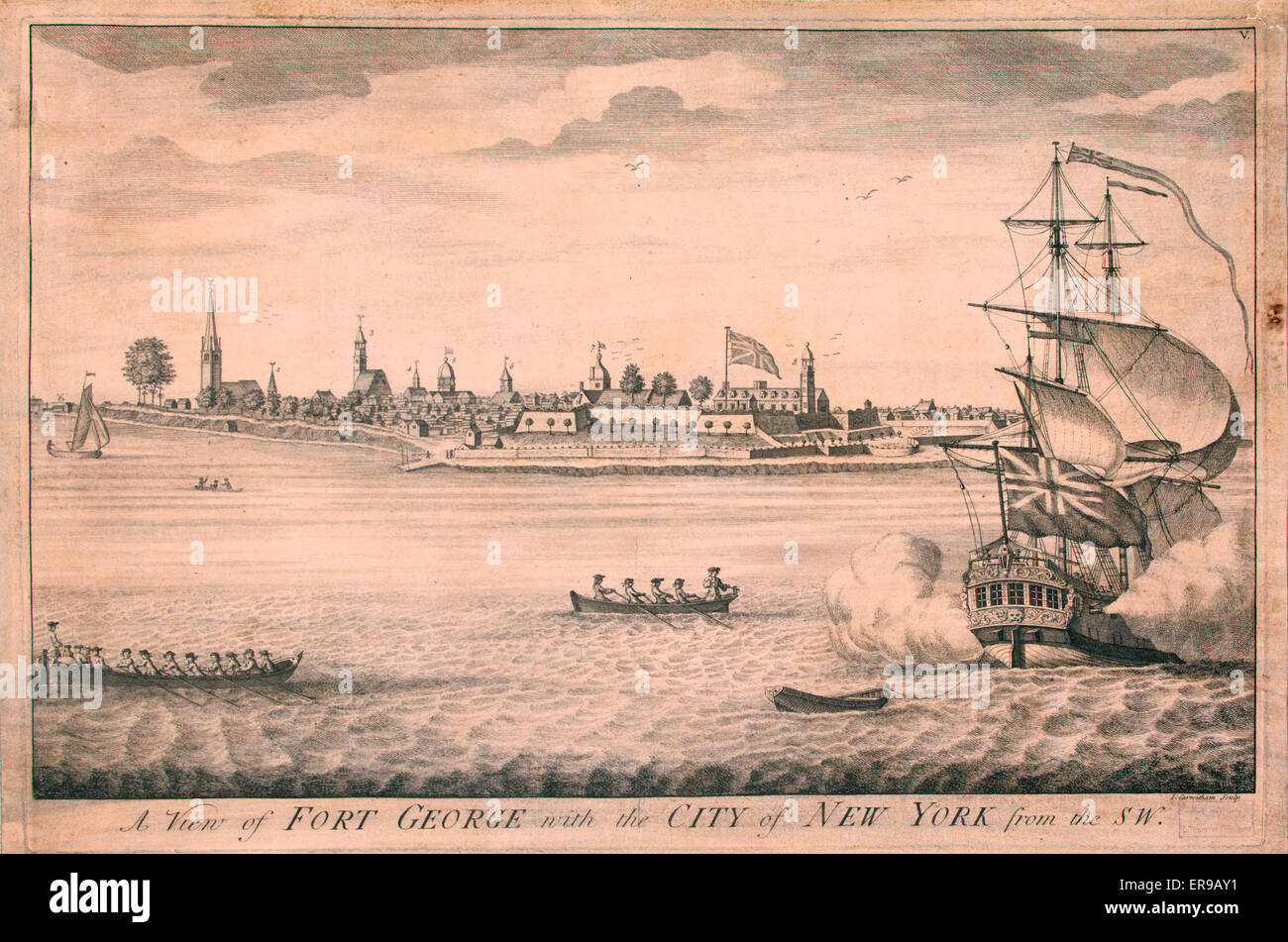 A view of Fort George with the City of New York from the SW. Date 1736. Stock Photo