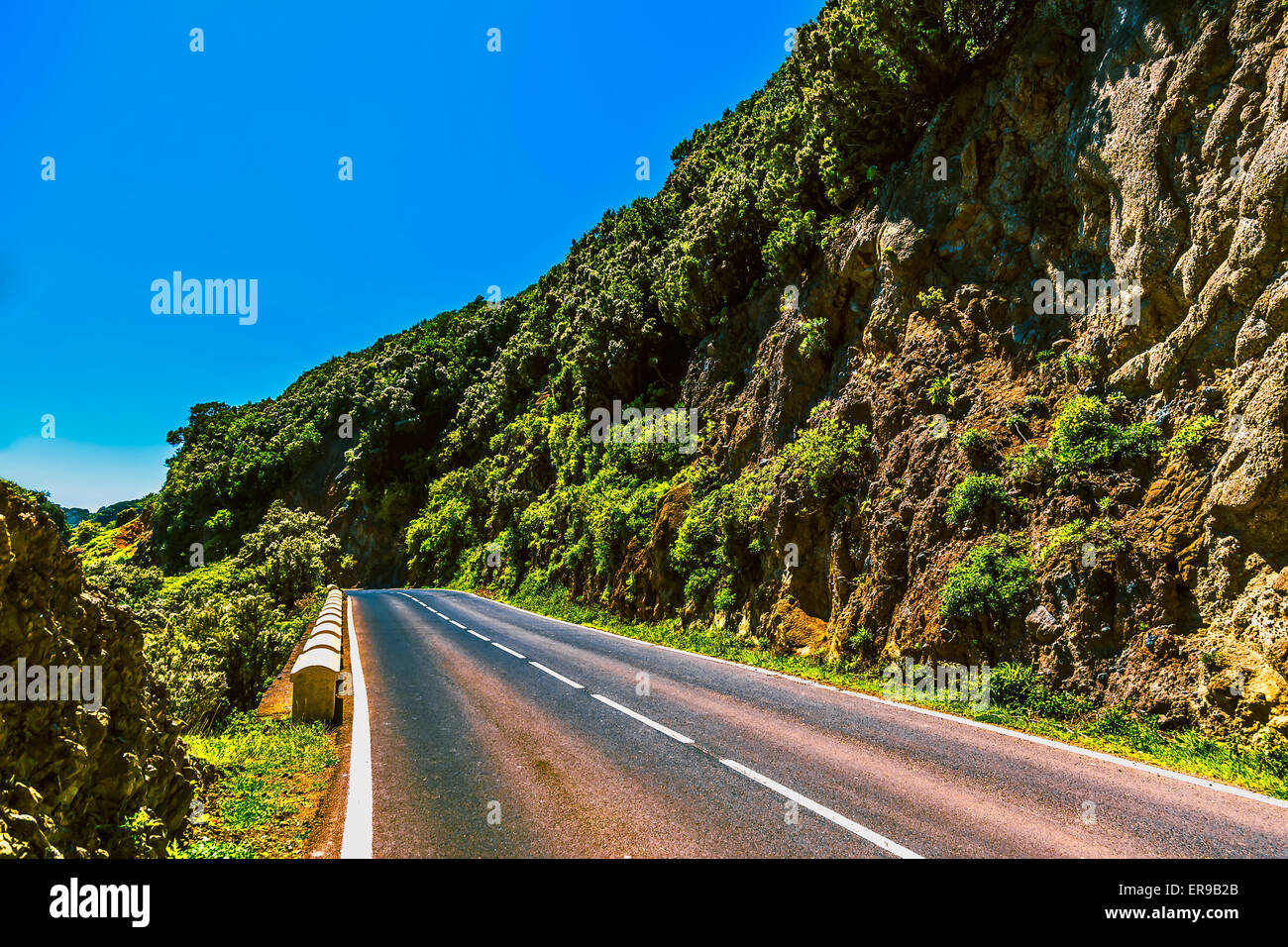 Asphalt road in green mountains with blue sky in Tenerife Canary island, Spain at spring or summer Stock Photo