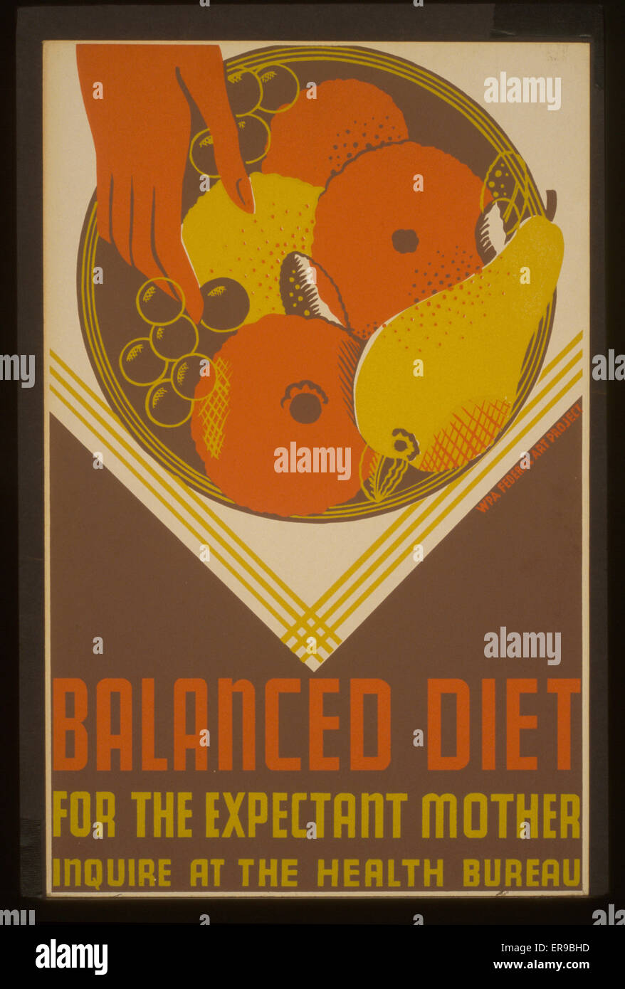 Balanced diet for the expectant mother Inquire at the Health Bureau. Poster promoting proper diet and prenatal care for pregnant women, showing a bowl of fruit. Date between 1936 and 1939. Stock Photo