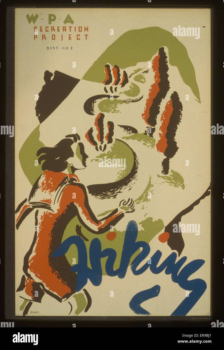 Hiking WPA recreation project - Dist. no. 2 . Poster showing a woman hiking. Date between 1936 and 1939. Stock Photo