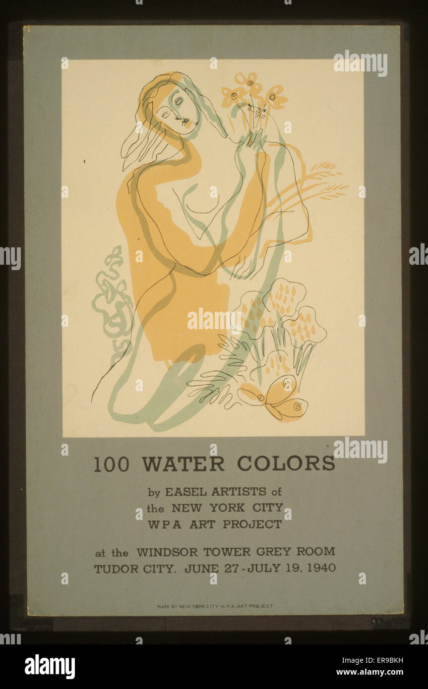 100 water colors by easel artists of the New York City WPA Art Project. Poster announcing exhibition of watercolors at the Windsor Tower Grey Room, showing watercolor of woman with flowers. Date 1940. Stock Photo