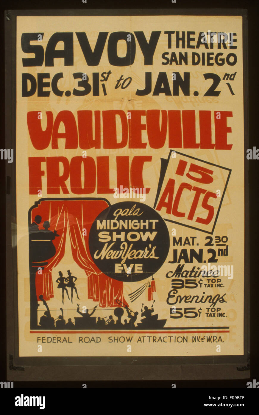 Vaudeville frolic 15 acts : Gala midnight show New Year's eve. Poster for Federal Theatre Project presentation of Vaudeville Frolic at the Savoy Theatre, San Diego, California, showing stage production with orchestra. Date between 1936 and 1941. Stock Photo