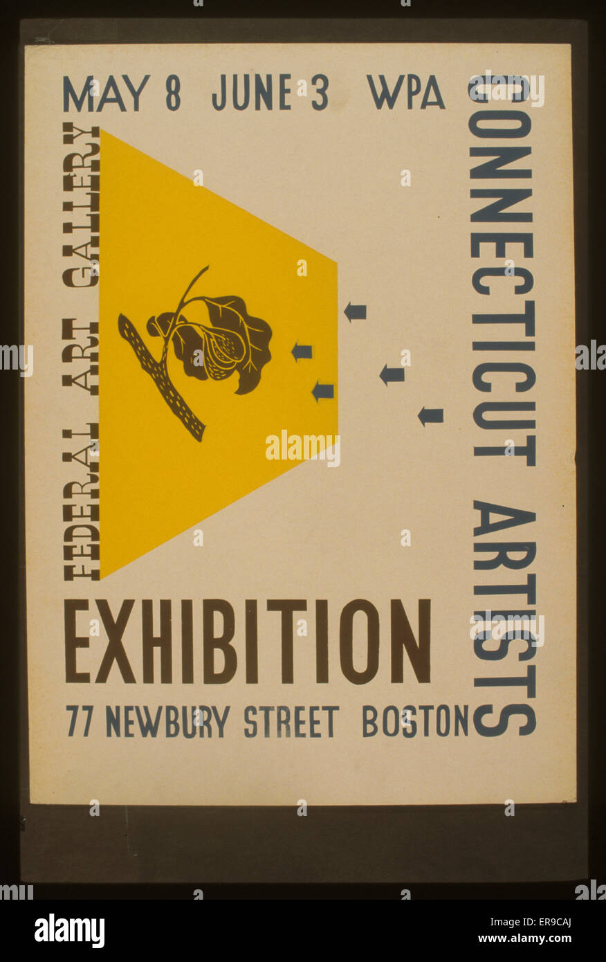 Exhibition WPA Connecticut artists. Poster for Federal Art Project exhibition of WPA Connecticut artists at the Federal Art Gallery, 77 Newbury Street, Boston, Mass., showing tree stem with leaves. Date between 1936 and 1939. Stock Photo