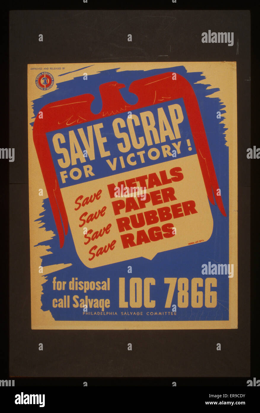 Save scrap for victory! Save metals, save paper, save rubber, save rags. Poster for the Philadelphia Salvage Committee encouraging scrap drives to aid the war effort. Date between 1941 and 1943. Stock Photo