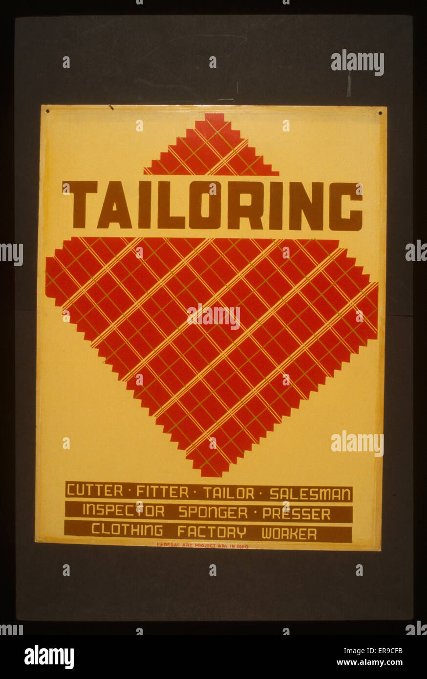 Tailoring. Poster promoting occupations related to tailoring, such as cutter, fitter , tailor, salesman, inspector, sponger, presser, clothing factor worker, showing a swatch of cloth. Date 1937. Stock Photo