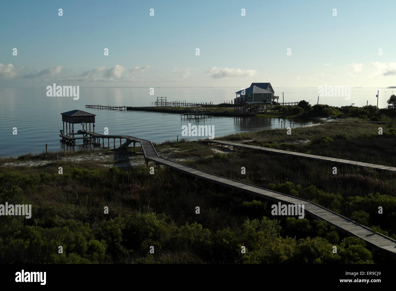 Early morning view of Mobile Bay from the Fort Morgan peninsula, Alabama. Stock Photo