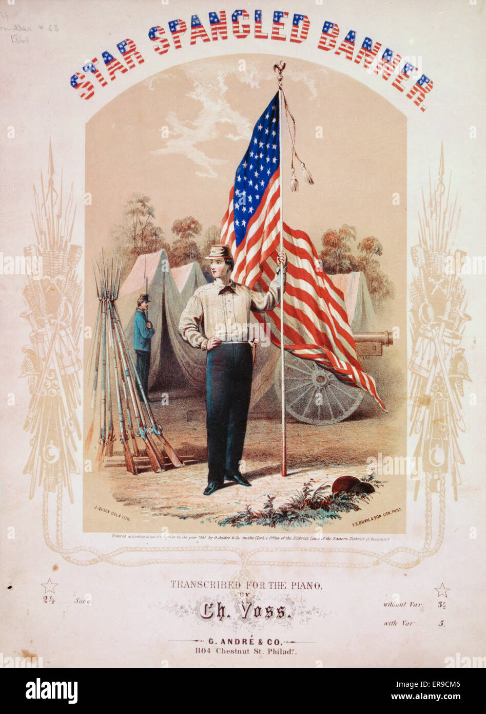 Star spangled banner Transcribed for the piano by Ch. Voss /. Sheet music for the Star Spangled Banner with illustrated cover showing a Union soldier holding the American flag at a military encampment with tents, a cannon, and rifles in the background. Da Stock Photo