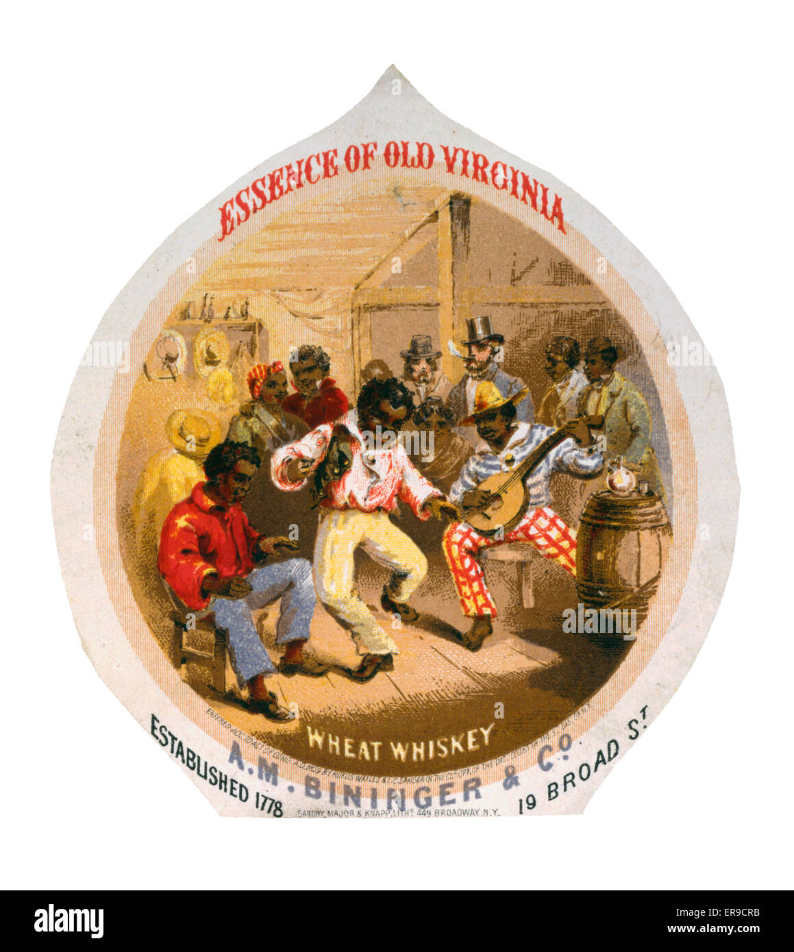 Essence of Old Virginia Wheat Whiskey, AM Bininger &amp; Co. Whiskey advertising label showing African Americans in tavern dancing. Date c1859. Essence of Old Virginia Wheat Whiskey, AM Bininger &amp; Co. Whiskey advertising label showing African American Stock Photo
