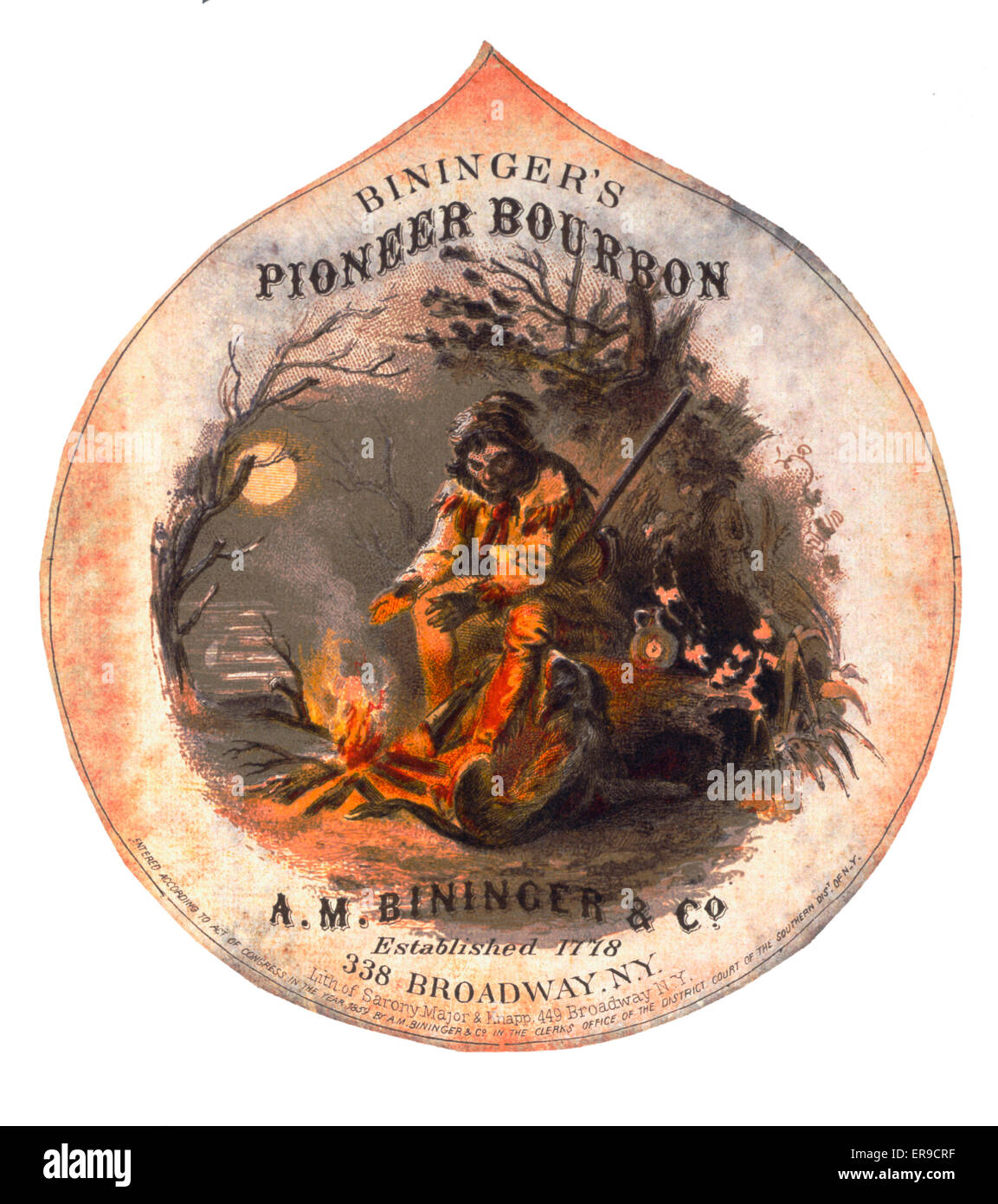 Bininger's Pioneer Bourbon, AM Bininger &amp; Co. Bourbon advertising label showing man holding rifle and warming his hands by campfire, with moon in background. Date c1859. Bininger's Pioneer Bourbon, AM Bininger &amp; Co. Bourbon advertising label showi Stock Photo