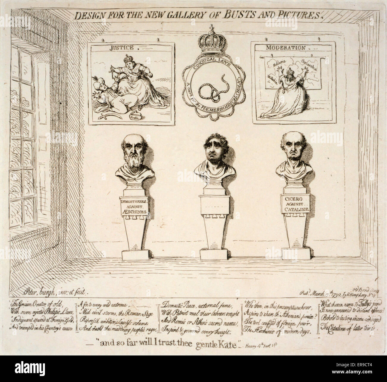 Design for the new gallery of busts and pictures -and so far will I trust thee gentle Kate -Henry 4th, part 1st /. Cartoon shows interior view of a portrait gallery with busts of Demosthenes and Cicero, both frowning, and between them a bust of Charles J. Stock Photo