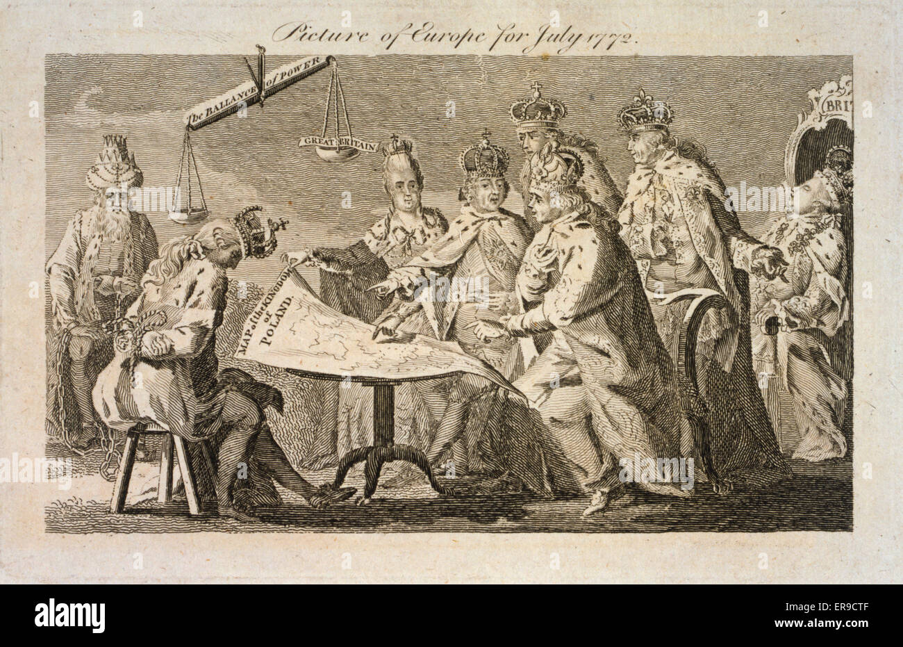 Picture of Europe for July 1772. Cartoon shows Catherine II, Leopold II, and Frederick William II seated at table on which rests a map of Poland; ...