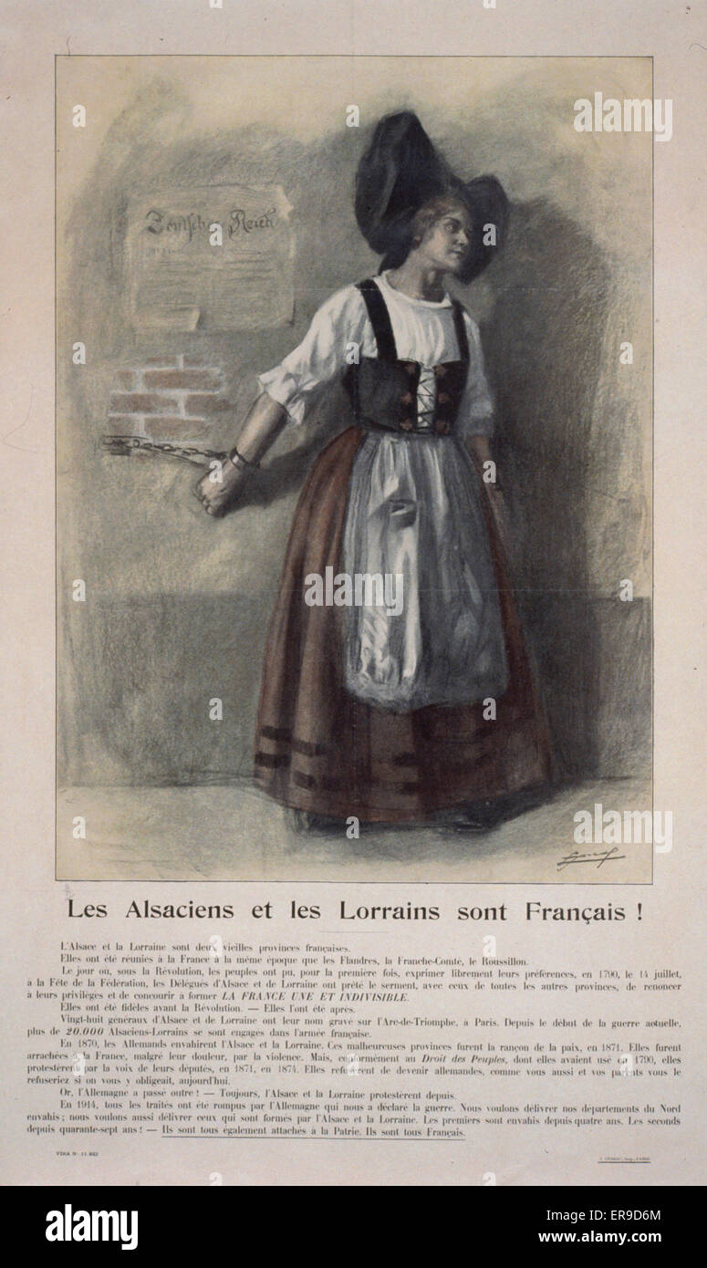 Les Alsacians et les Lorrains sont Francais!. An Alsatian woman with her hand chained to a brick wall. Alsace and Lorraine were lost to Germany in the Franco-Prussian war of 1870-71. Date 1914. Les Alsacians et les Lorrains sont Francais!. An Alsatian wom Stock Photo