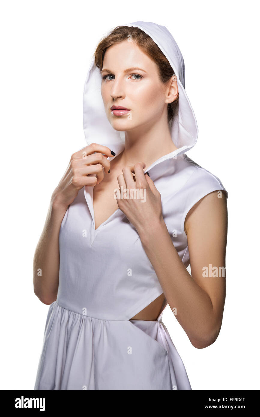 Fashion portrait of a girl in the beautiful designer white dress Stock ...