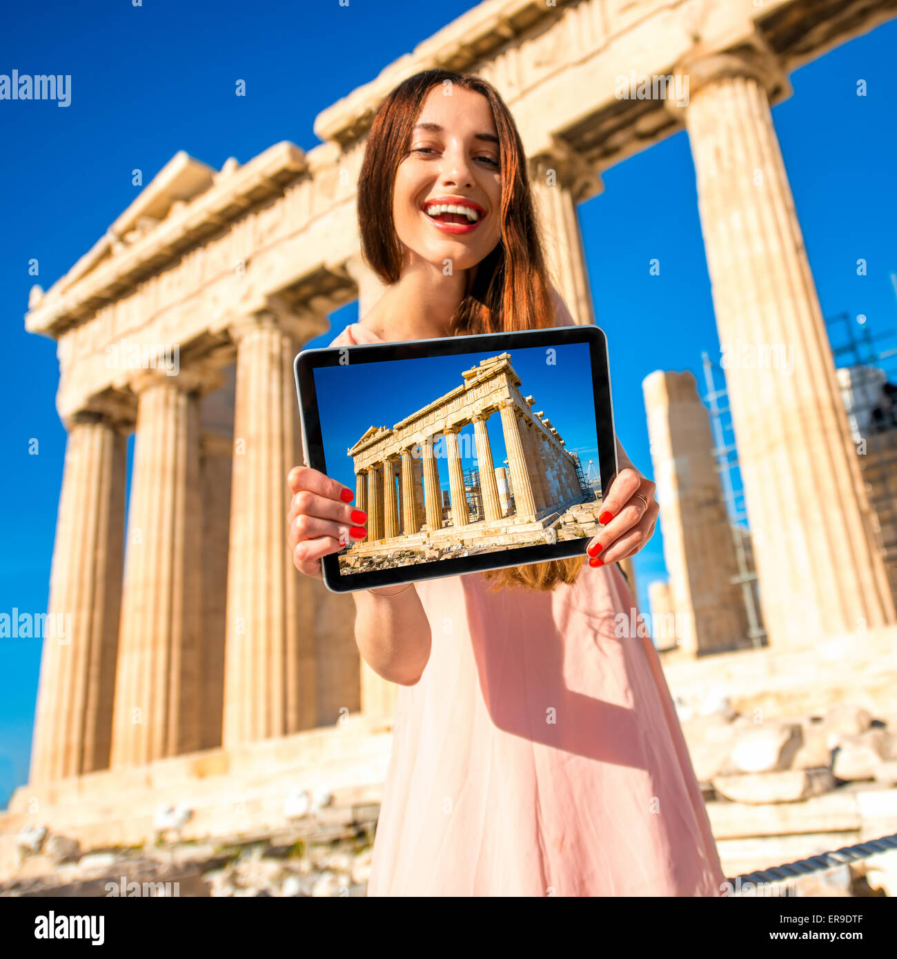 Woman advertising Acropolis Stock Photo