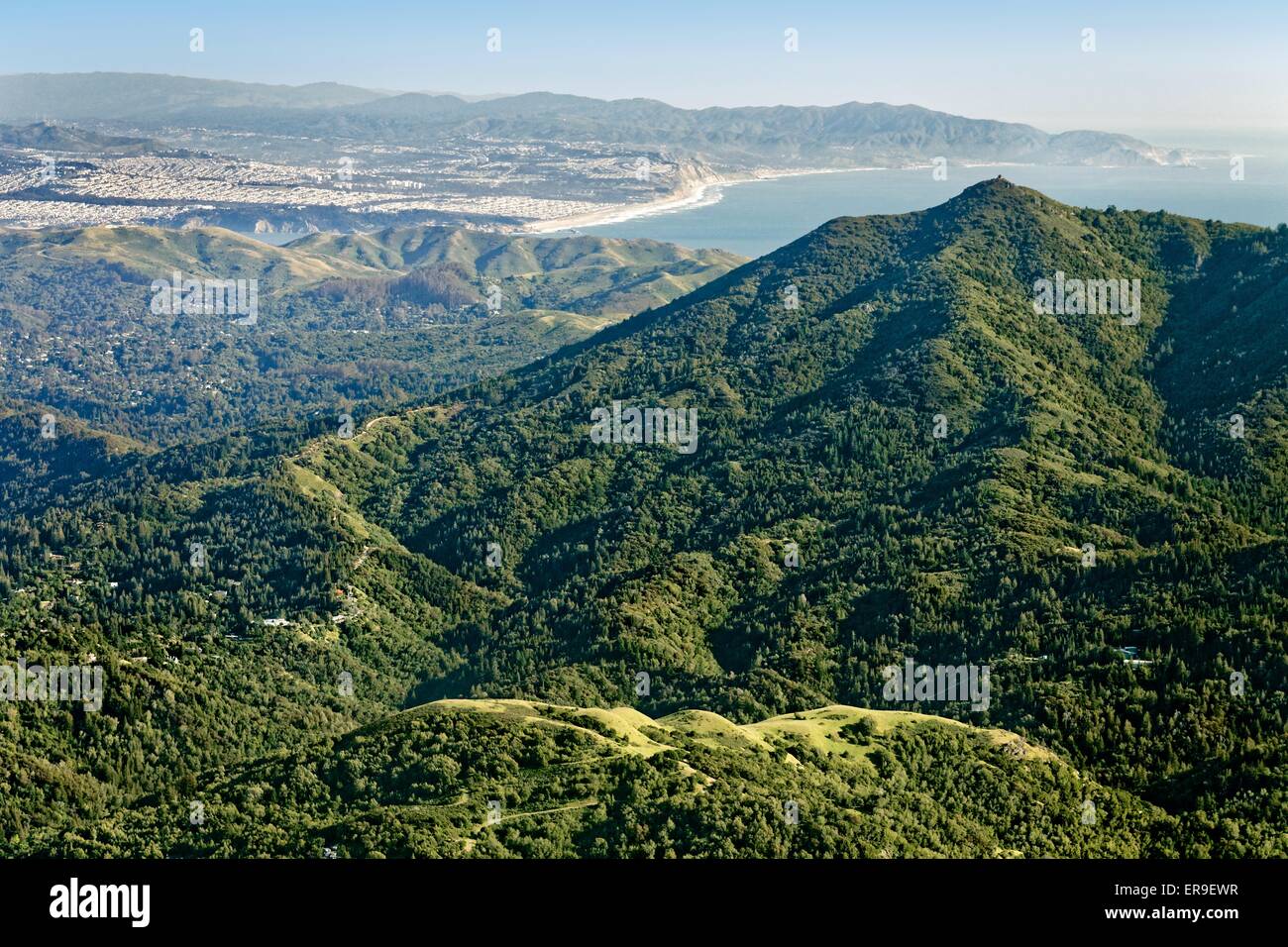 Aerial view over Mt. Tamalpais - Mt. Tam - Marin County, California, near San Francisco, in spring. Stock Photo