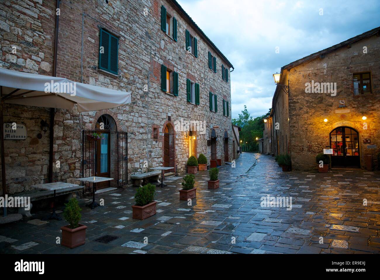 Evening in Bagno Vignoni, a small village in Tuscany with natural thermal ponds. Stock Photo