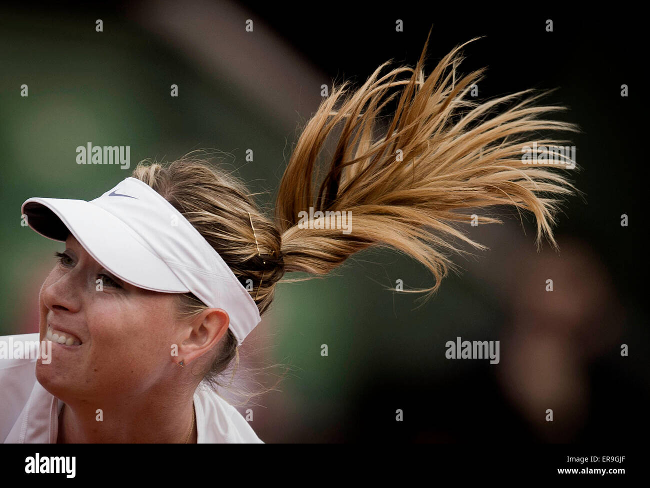 Paris, France. 29th May, 2015. Maria Sharapova of Russia competes during the women's singles 3rd round match against Samantha Stosur of Australia at the 2015 French Open tennis tournament in Paris, France, on May 29, 2015. Maria Sharapova won 2-0. Credit:  Chen Xiaowei/Xinhua/Alamy Live News Stock Photo