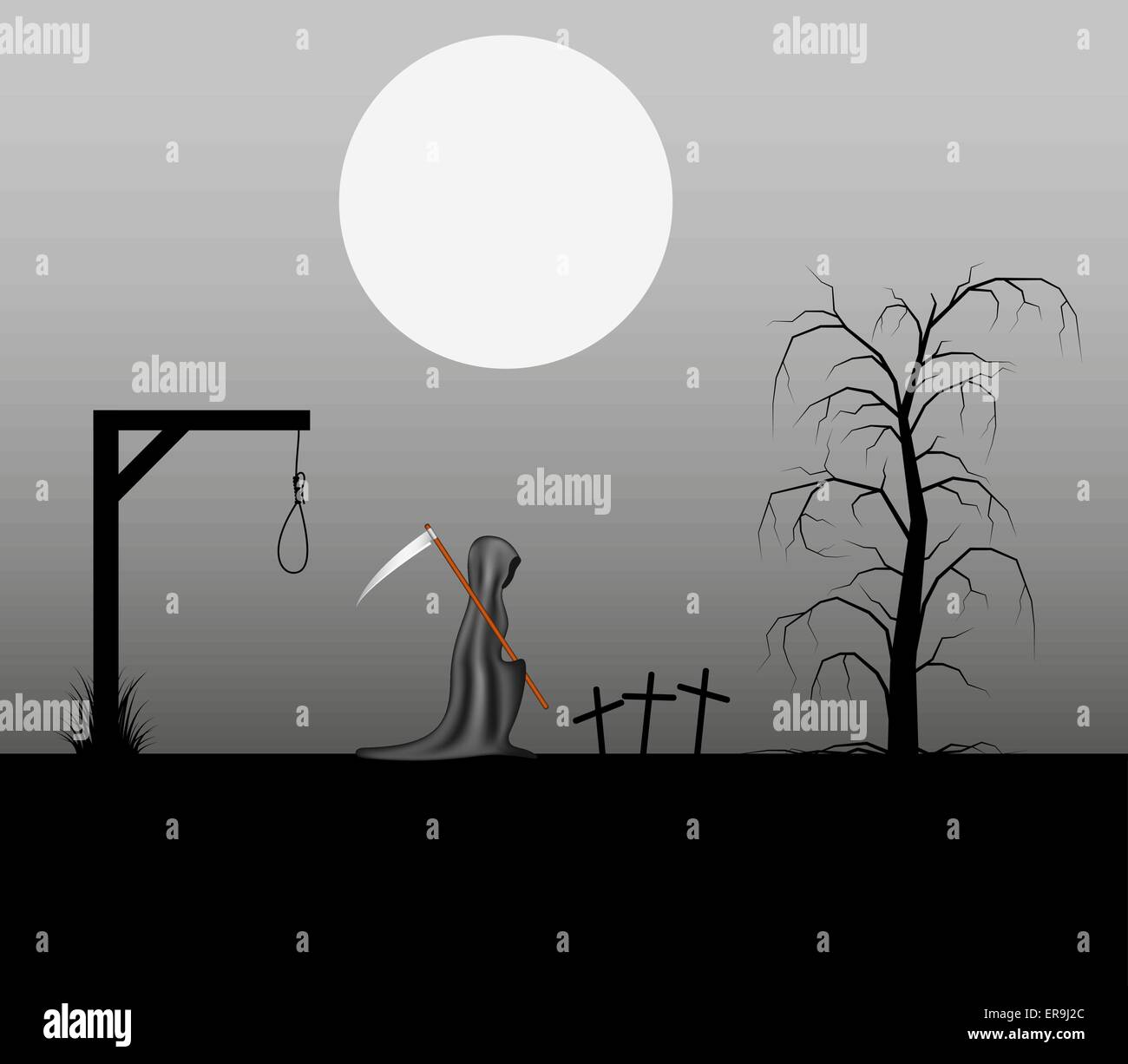 Spooky background with grim reaper with scythe in a cemetery Stock Vector