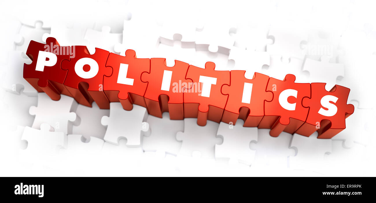 Politics - Text on Red Puzzles on White Background. 3D Render. Stock Photo