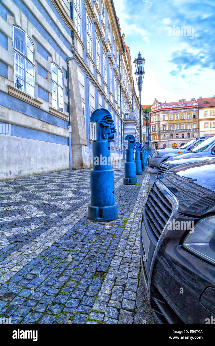 The light blue metal Cubist Bollards in Malostranske namesti (Little Quarter Square) in Prague Stock Photo