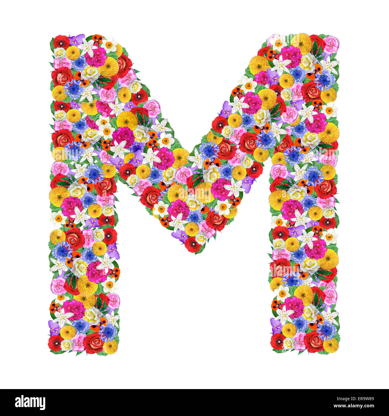 M, letter of the alphabet in different flowers isolated on white ...