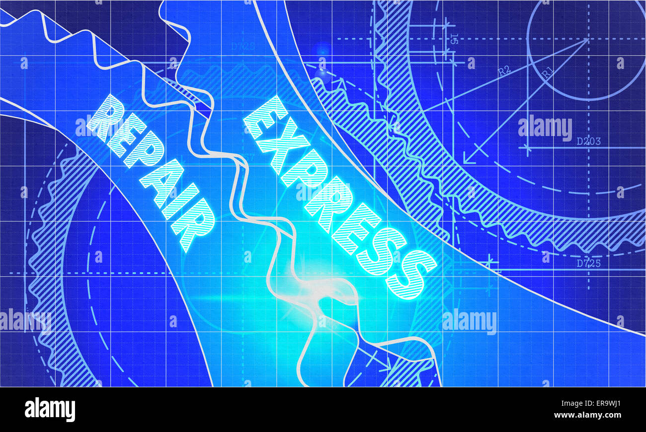 express repair Concept. Blueprint Background with Gears. Industrial Design. 3d illustration, Lens Flare. Stock Photo