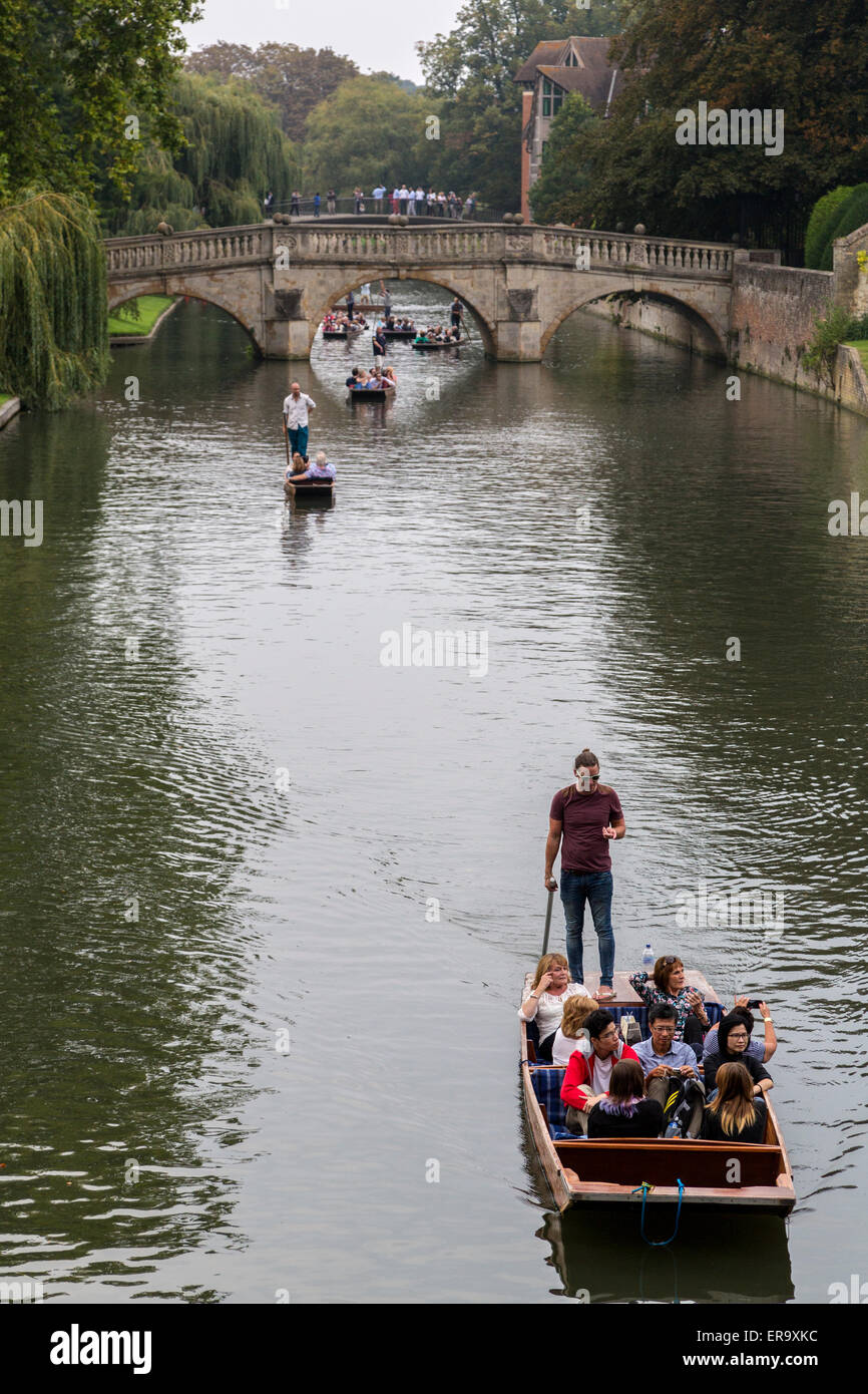 UK, England, Cambridge.  Punting on the River Cam, Clare Bridge in background. Stock Photo