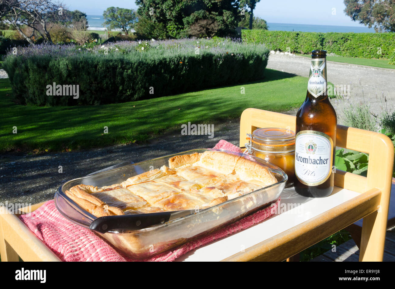 Bacon and egg pie and beer on trolley, Glenburn, Wairarapa, North