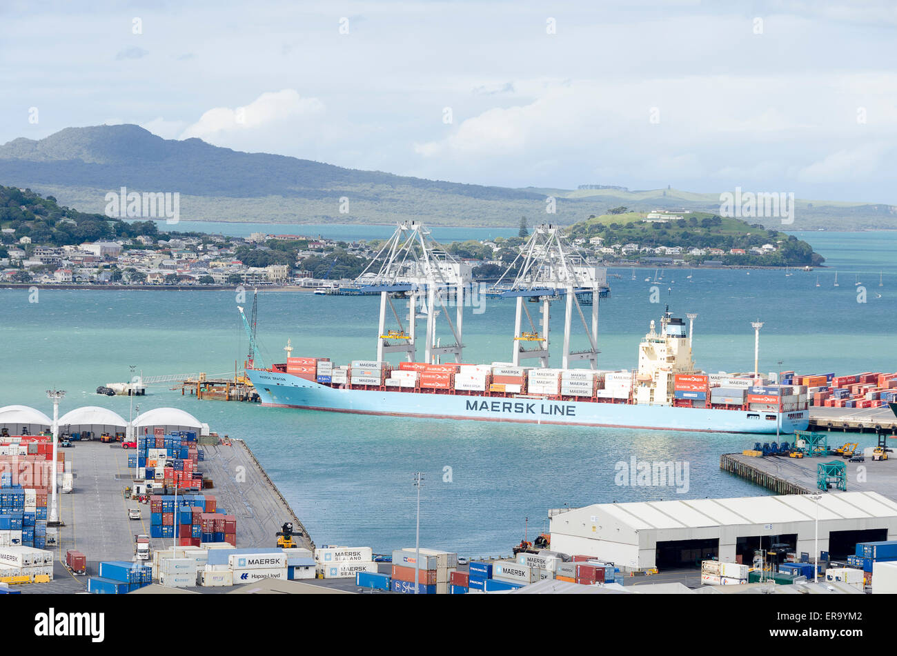 Cargo ship in port, Auckland, North Island, New Zealand Stock Photo