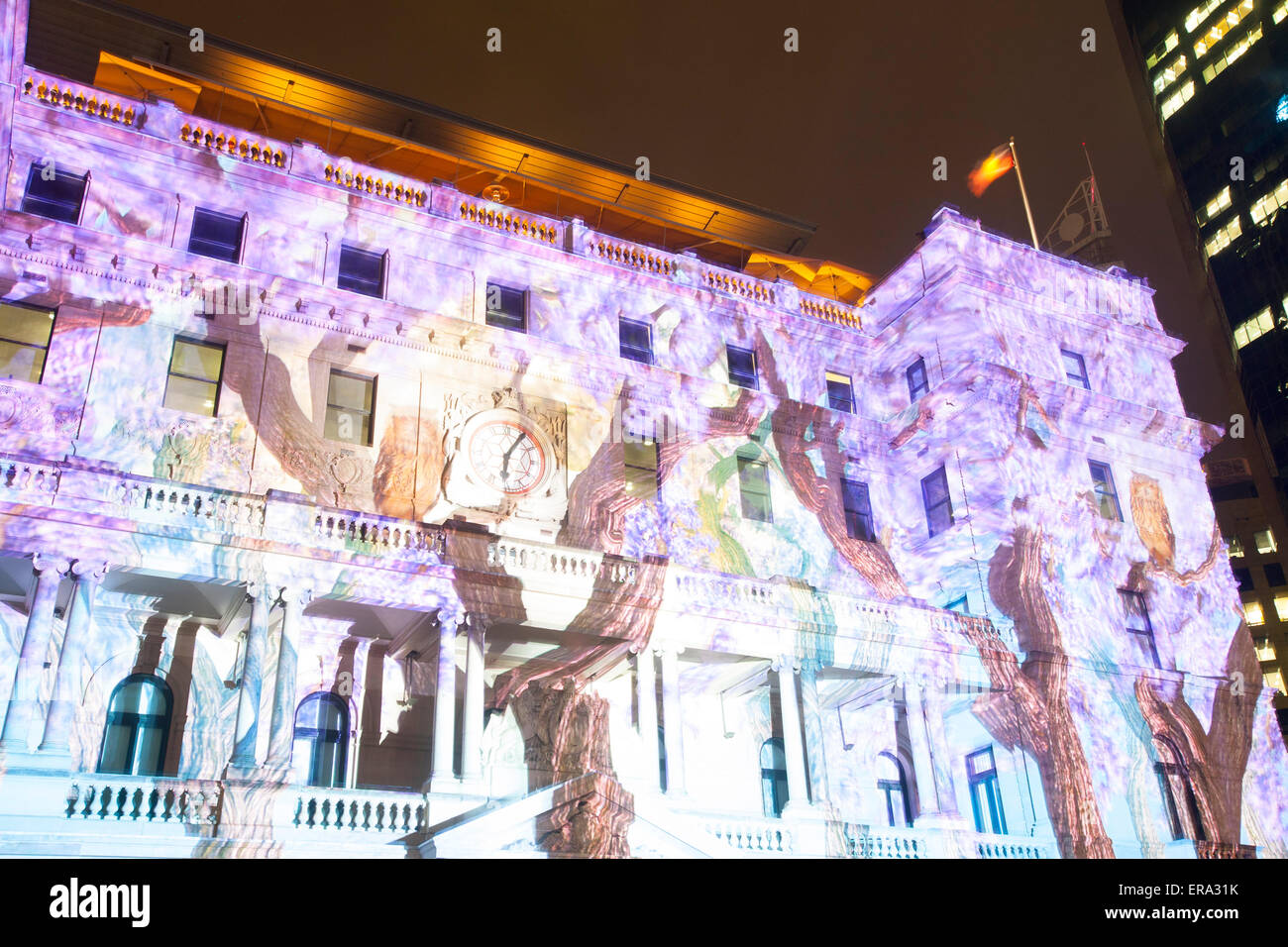 Sydney, Australia. 30th May, 2015. Artists Spinifex Group project light images of Sydney's Flora and Fauna onto the face of Customs House,Sydney Circular Quay Credit:  model10/Alamy Live News Stock Photo