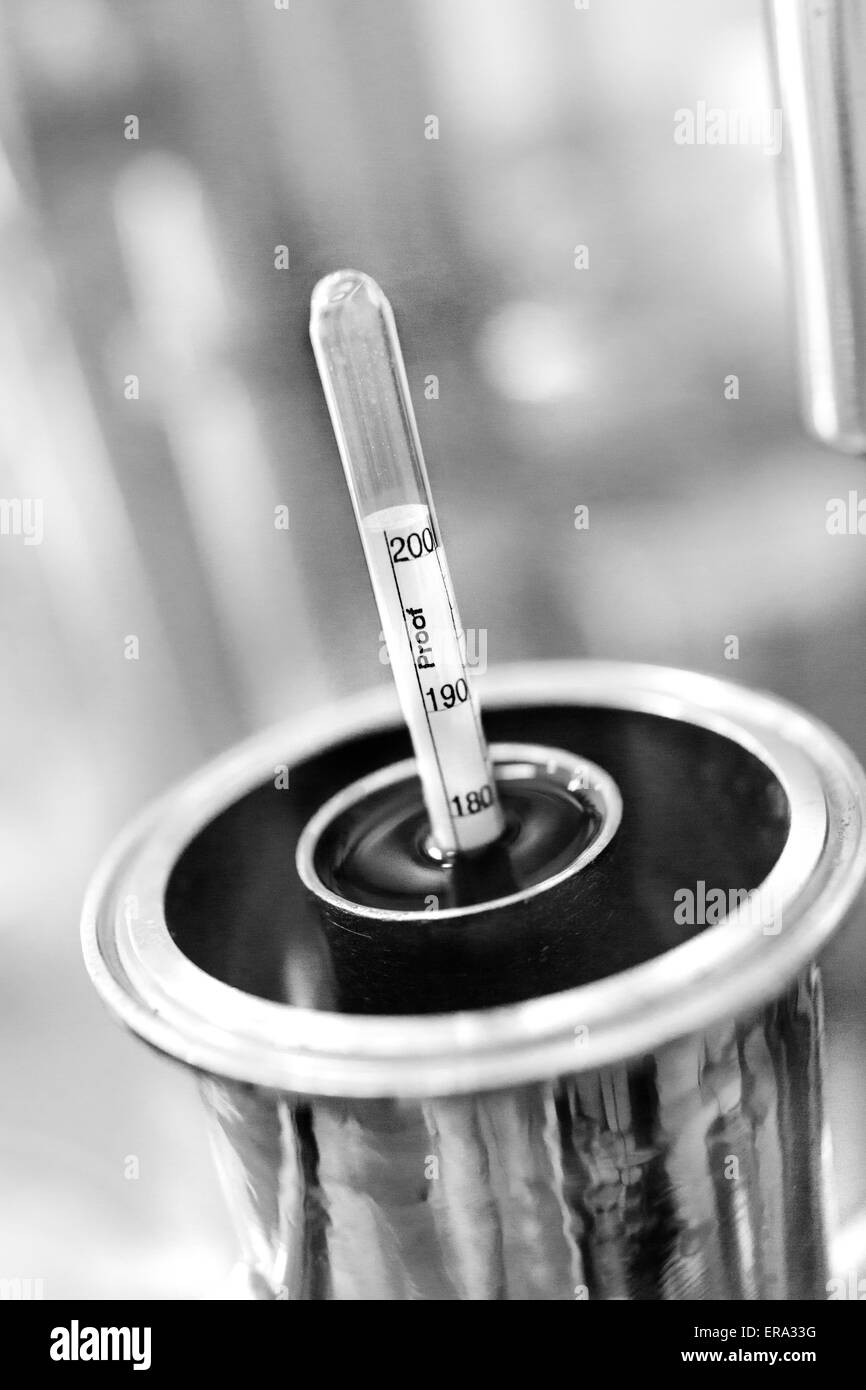 Alcoholmeter floating in alcohol at craft distillery. Vertical B/W photograph at Key West Distilling, Key West, Florida, USA Stock Photo
