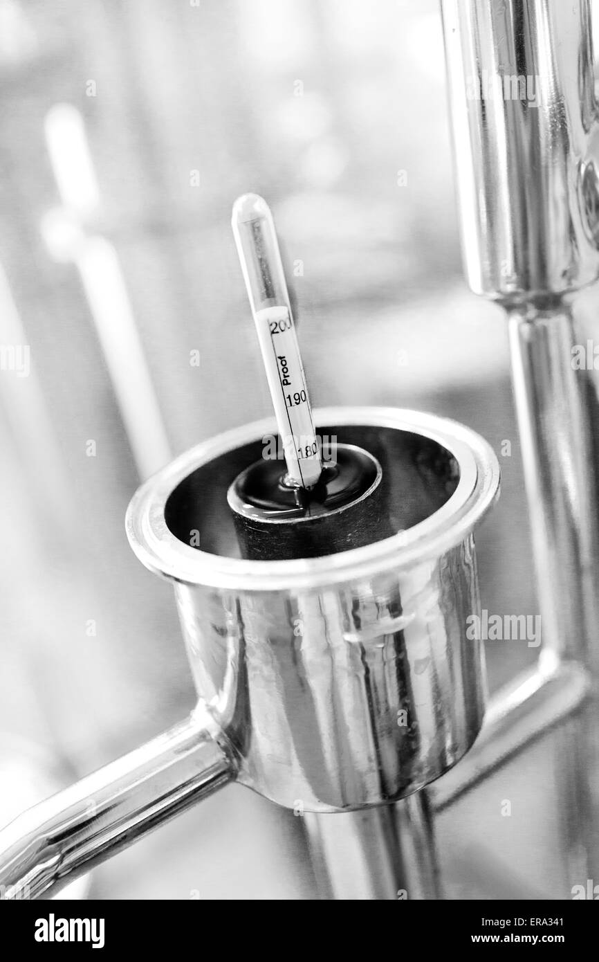 Alcoholmeter floating in alcohol at craft distillery. Vertical B/W photograph at Key West Distilling, Key West, Florida, USA Stock Photo
