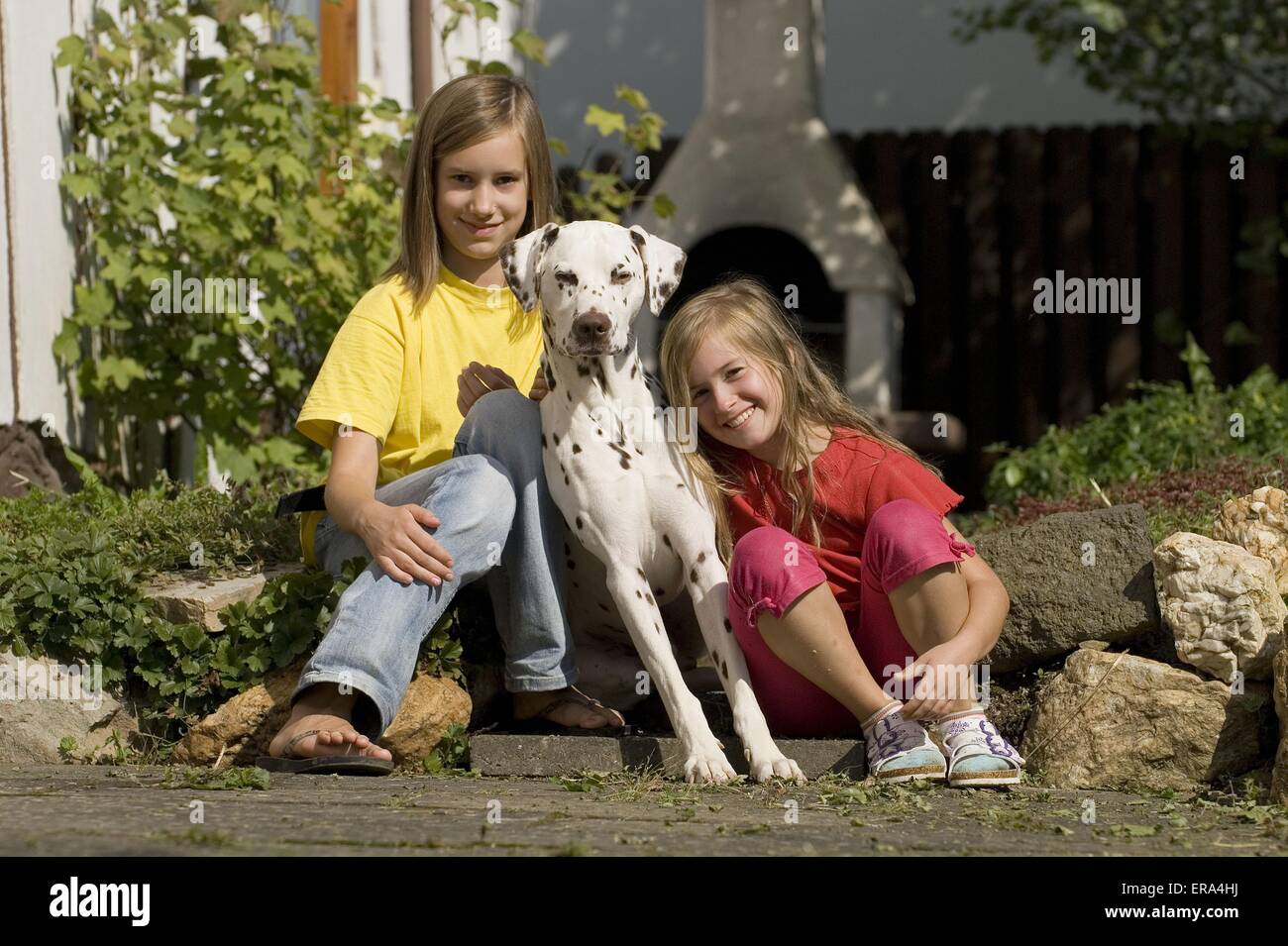 girls with Dalmatian Stock Photo