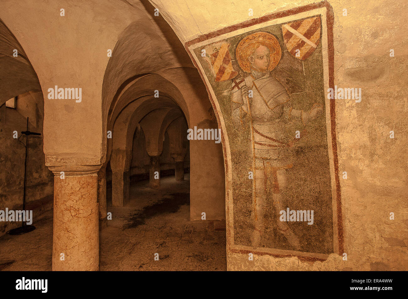 Italy Piedmont Canavese Via Francigena Ivrea  Cathedral Crypt fresco holy knight XV Century Stock Photo