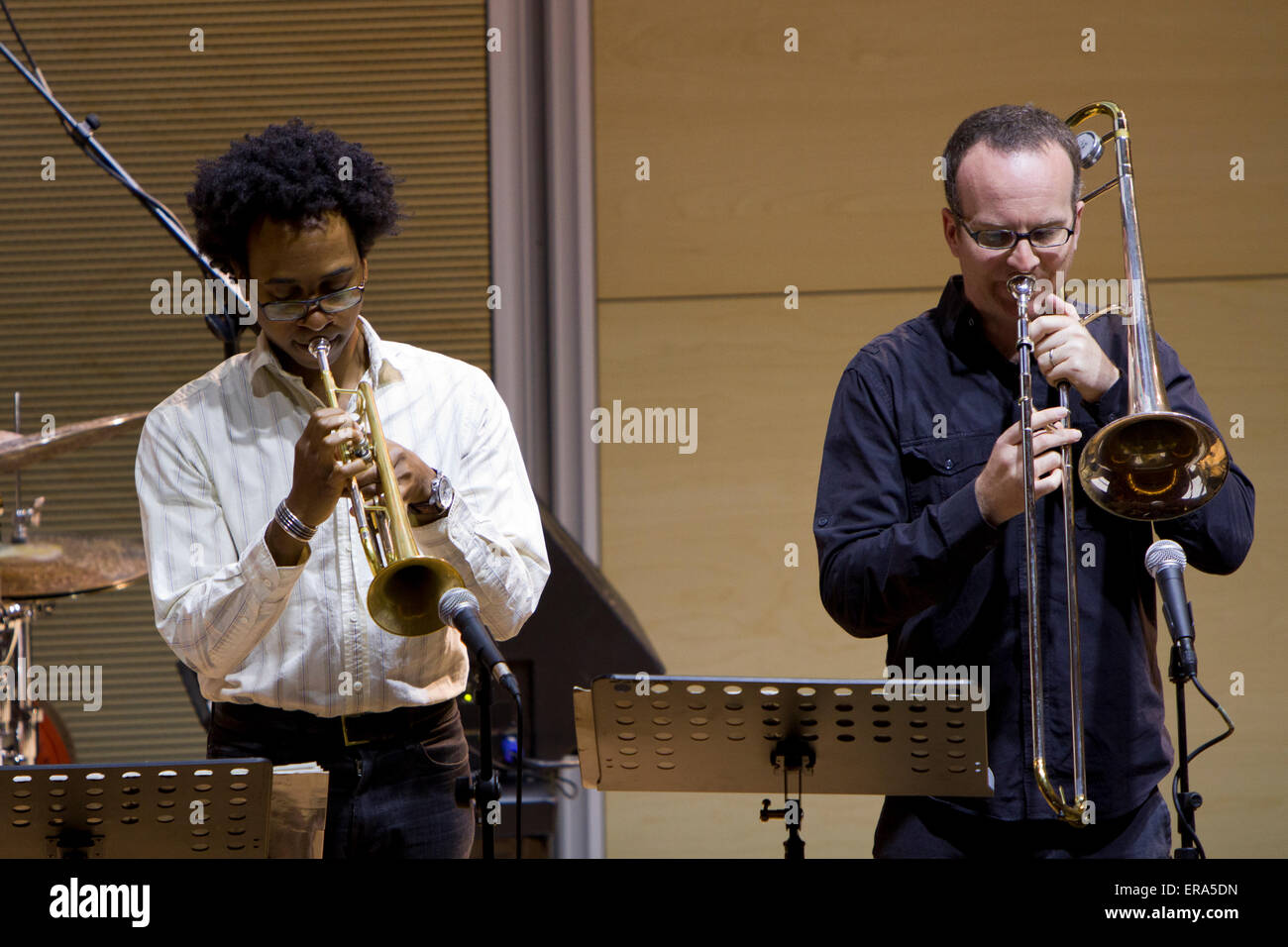 Turin, Italy, 30th May 2015. Trumpeter Jonathan Finlayson (left) and trombonist Tim Albright (right) perform during a Steve Lehman Octet concert during Torino Jazz Festival Stock Photo