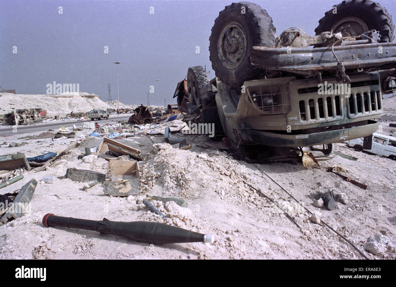 1st April 1991 An upturned Iraqi military truck among the devastation on the “Highway of Death”, the main road from Kuwait City to Basra. Stock Photo