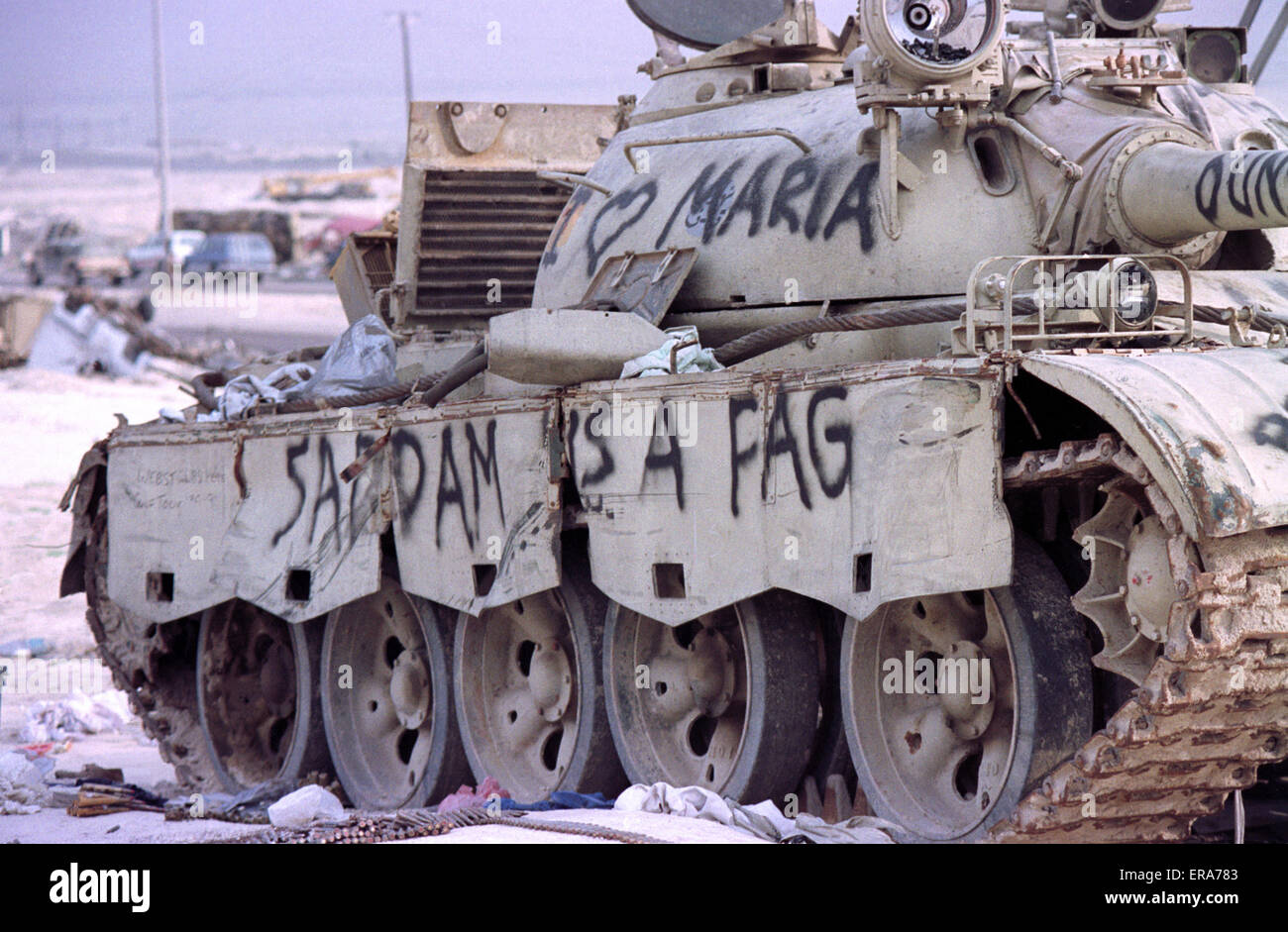 1st April 1991 U.S. Army graffiti on an Iraqi T55 tank on the “Highway