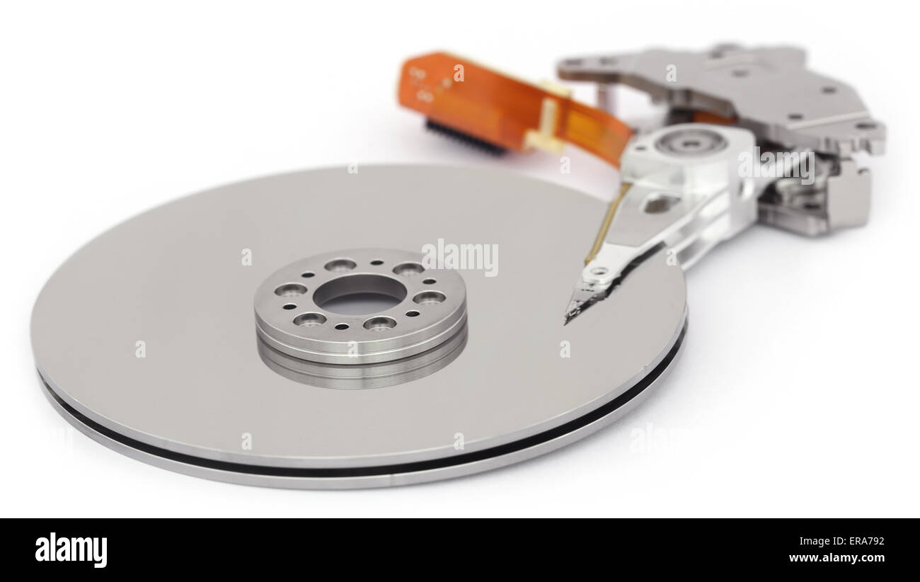 Open hard disk drive over white background Stock Photo
