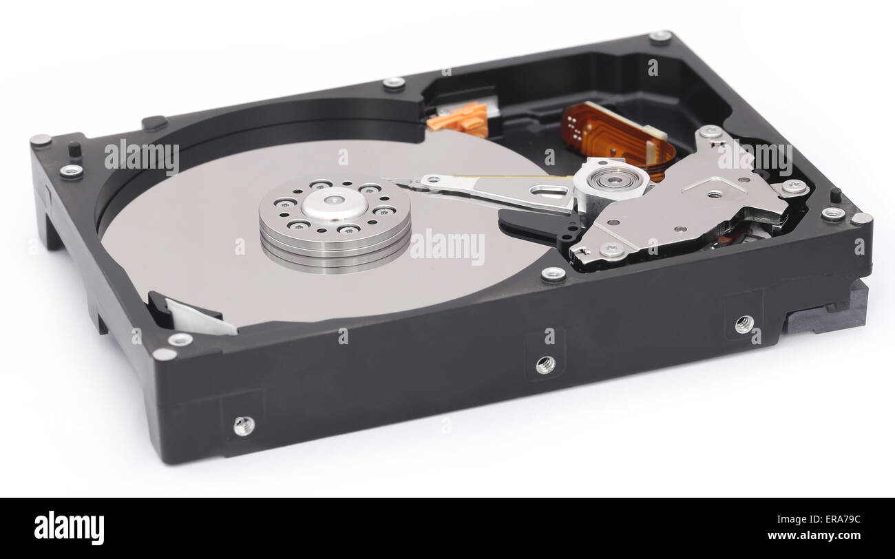 Open hard disk drive over white background Stock Photo