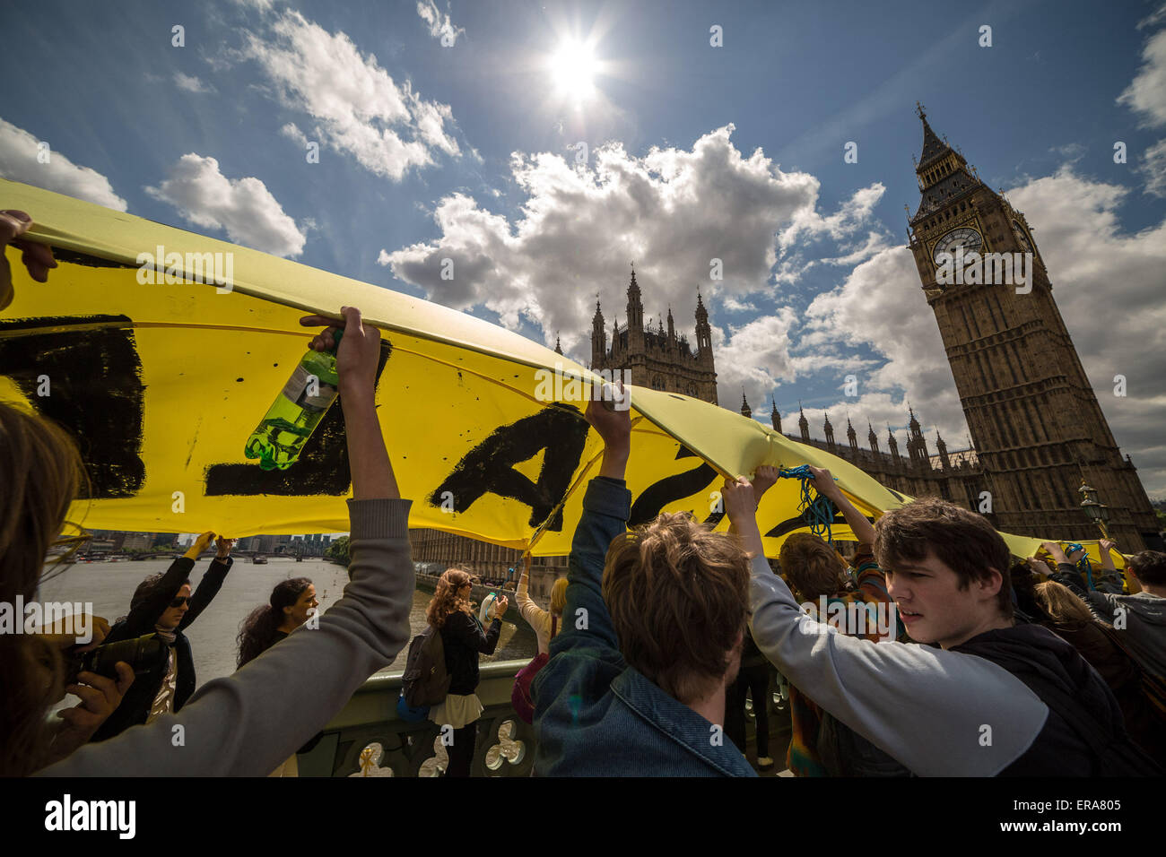 London, UK. 30th May, 2015. Anti-Austerity Protest on Westminster Bridge Credit:  Guy Corbishley/Alamy Live News Stock Photo