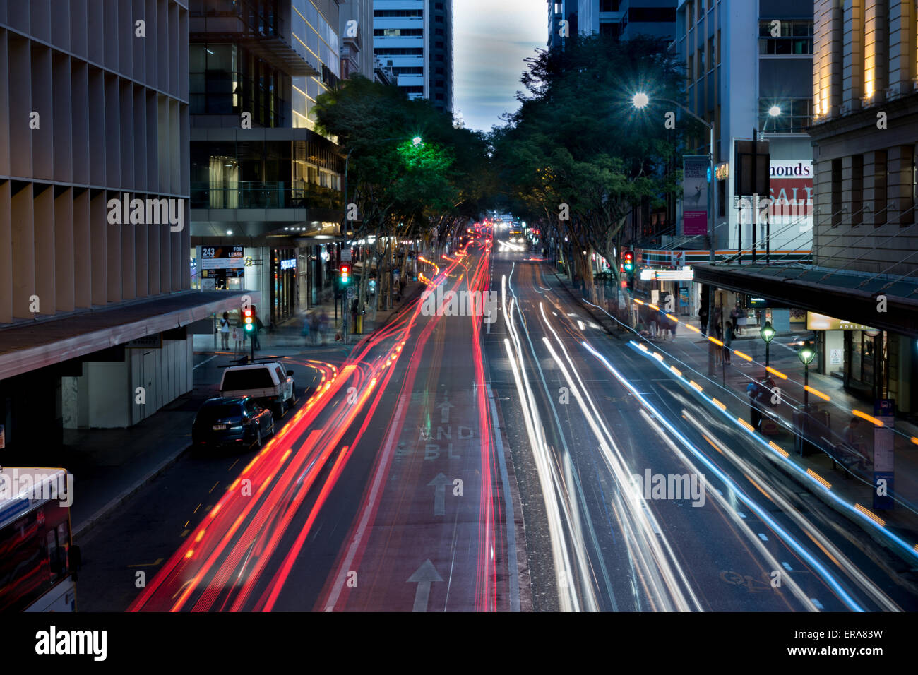 Light Trails on City Street Brisbane Stock Photo