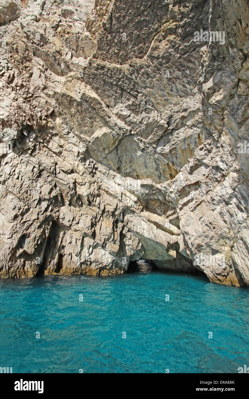 The green grotto (Grotta Verde) sea cave on the south coast of the island of Capri, Italy, viewed from the water vertical Stock Photo