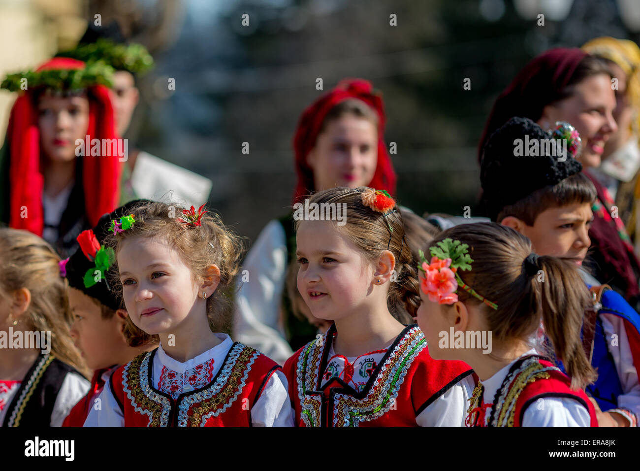Young Bulgarian children in folklore costumes during the traditional folklore festival '1000 national costumes' Stock Photo