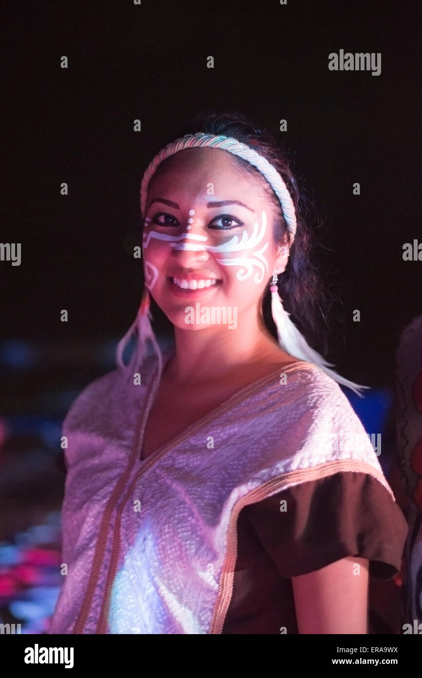 Portrait of smiling Mexican dancer wearing face paint on the Mayan Riviera in Mexico Stock Photo