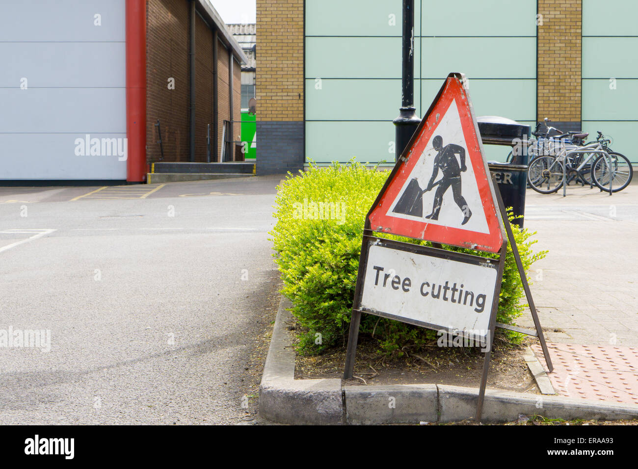 'Tree cutting' safety warning sign  closeup Stock Photo