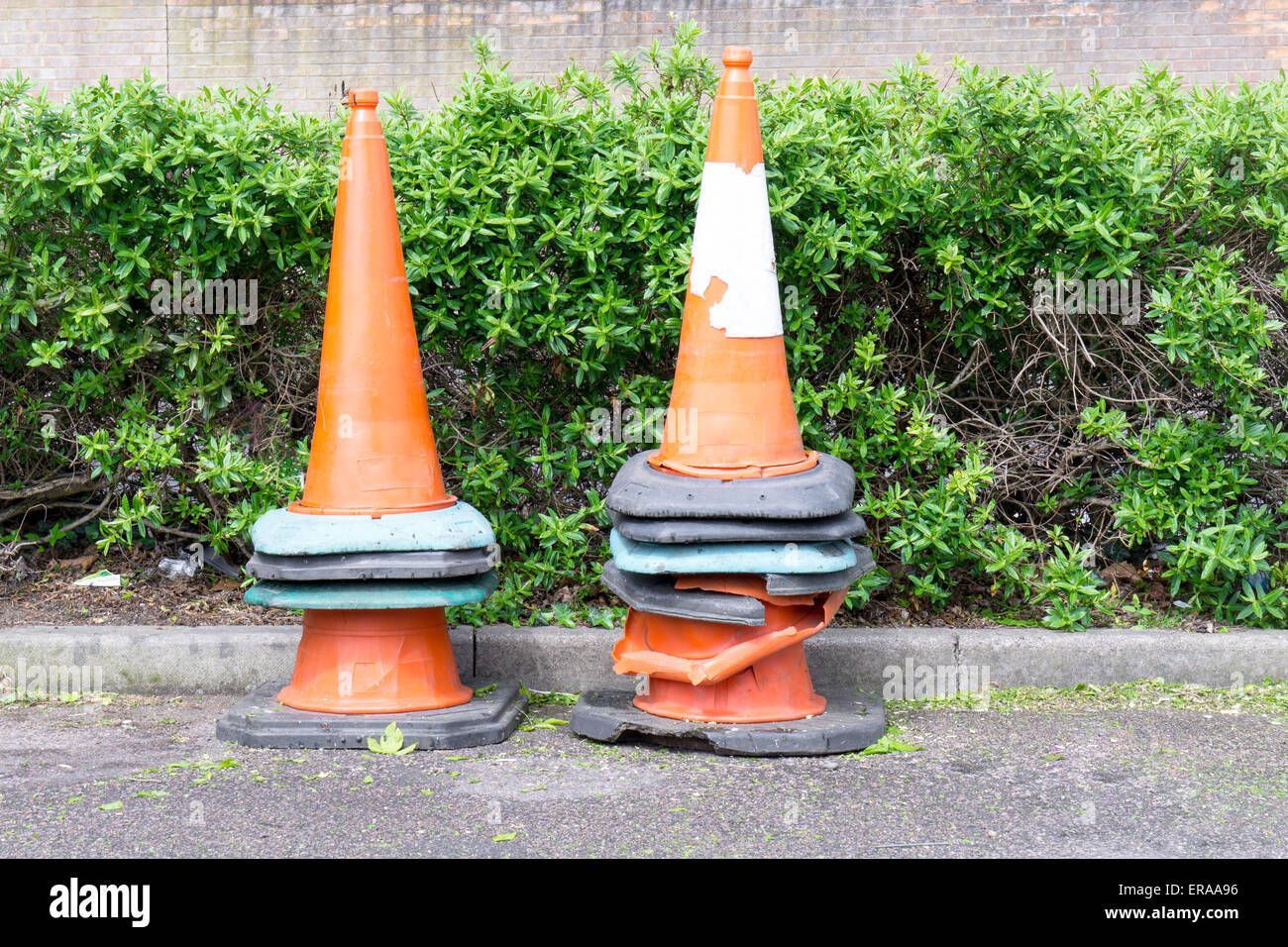 Traffic cones weathered stacked Stock Photo Alamy