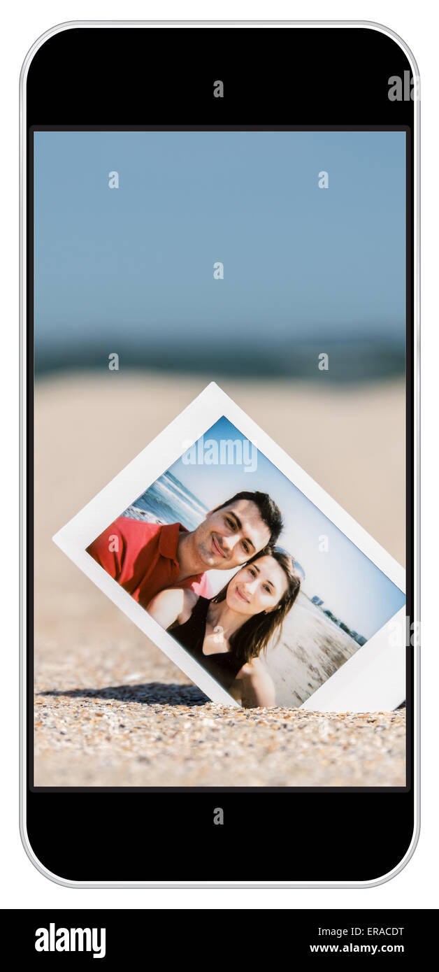 Instant Photo Of Young Couple On Beach On Modern Smartphone Stock Photo