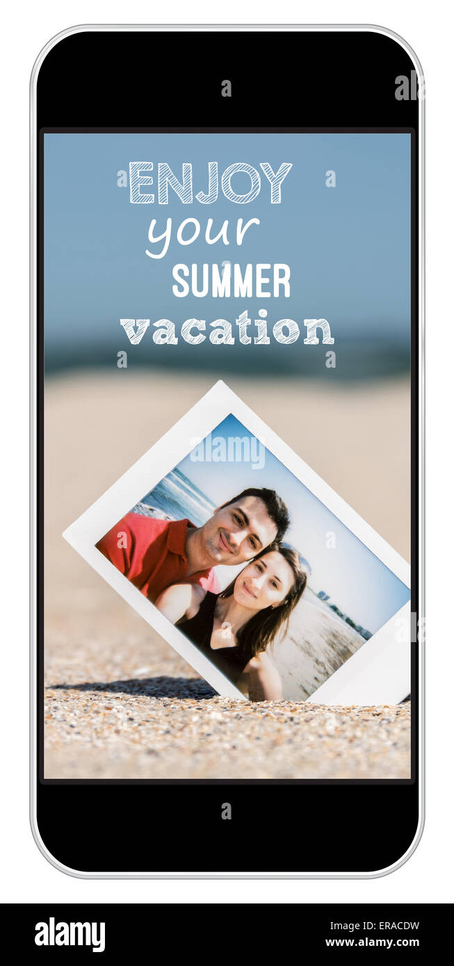 Instant Photo Of Young Couple On Beach On Modern Smartphone Stock Photo