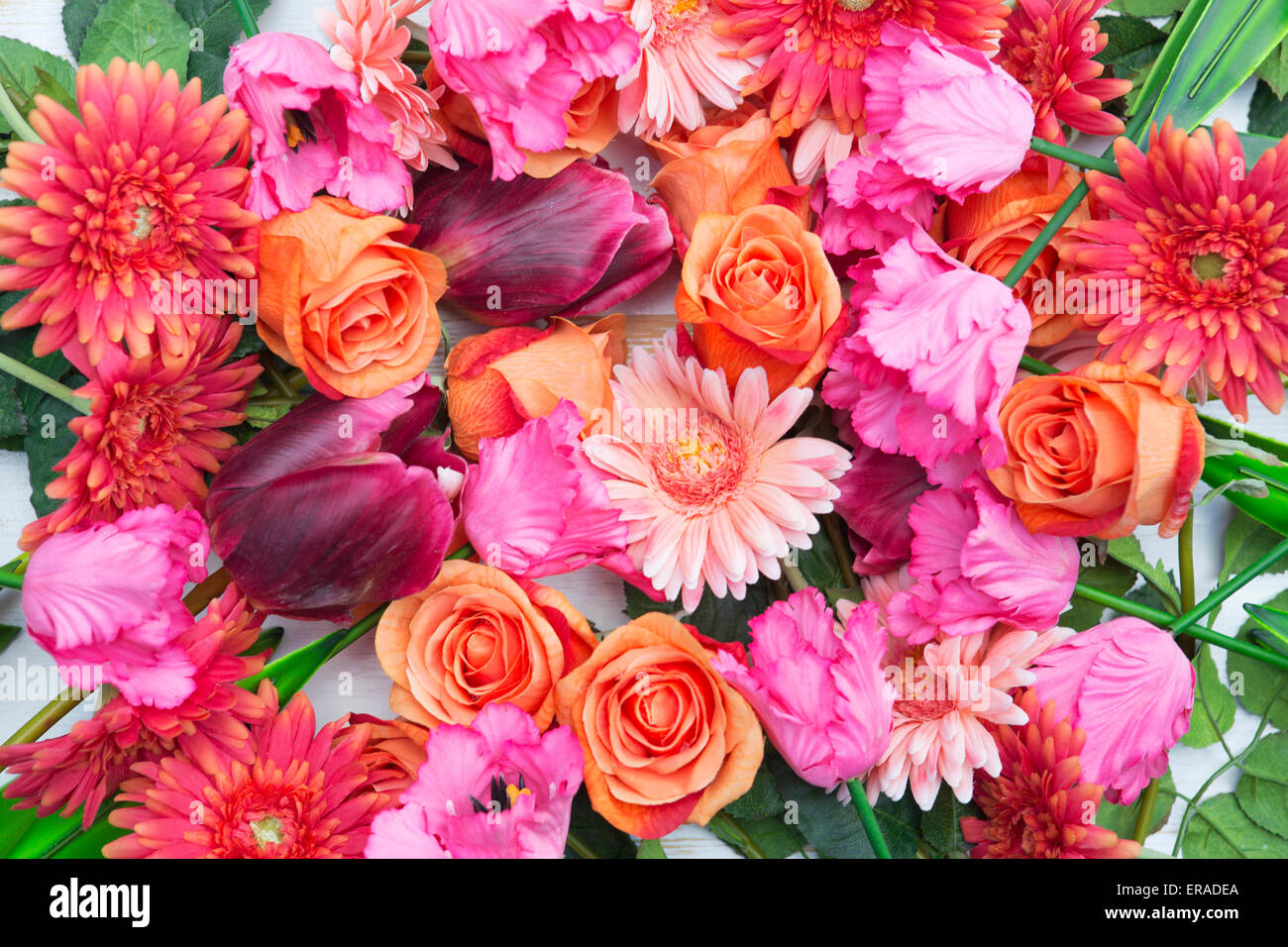 beautiful mix flowers with tulips,roses and gerberas Stock Photo Alamy